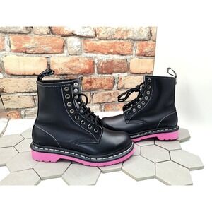 Dr. Martens 1460 Boots Black Neon Pink Sole White Stitch Heart Women's 6 / UK 4